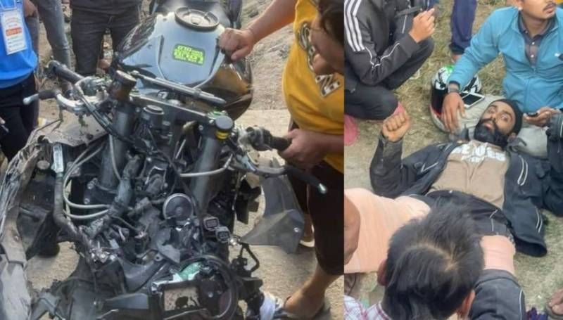 Prabhjot Singh and his damaged motorbike after the accident