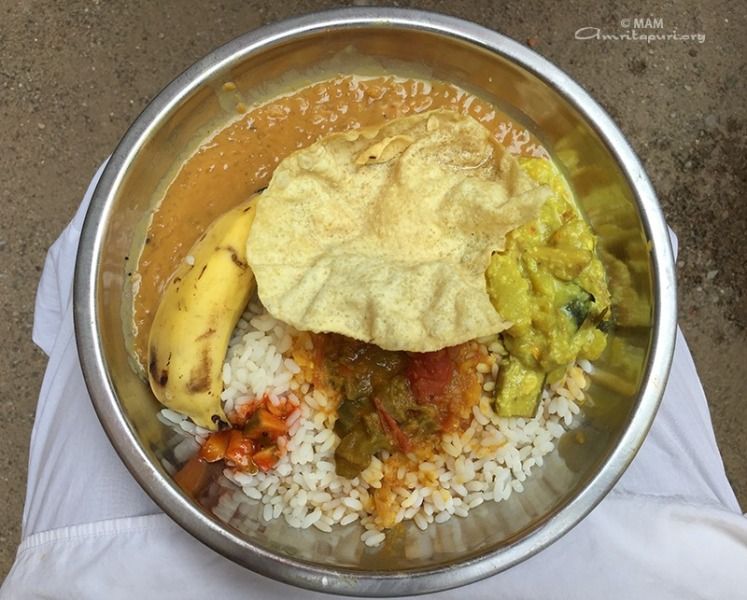 Pure vegetarian lunch served as prasad at Amritapuri's main hall