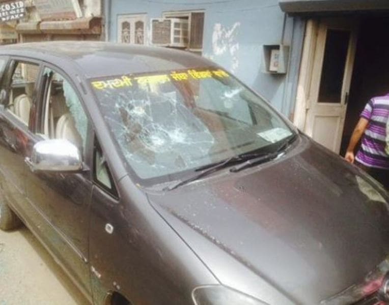 Sandeep Singh's car, after being damaged by Punjab-Sikh activist Joga Singh and his aides