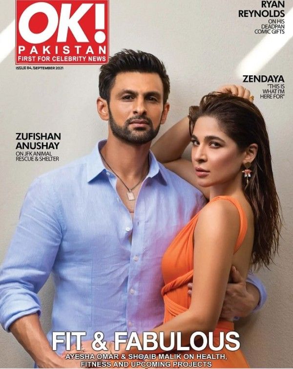 Shoaib Malik with Ayesha omar on the cover page of OK Pakistan Magazine