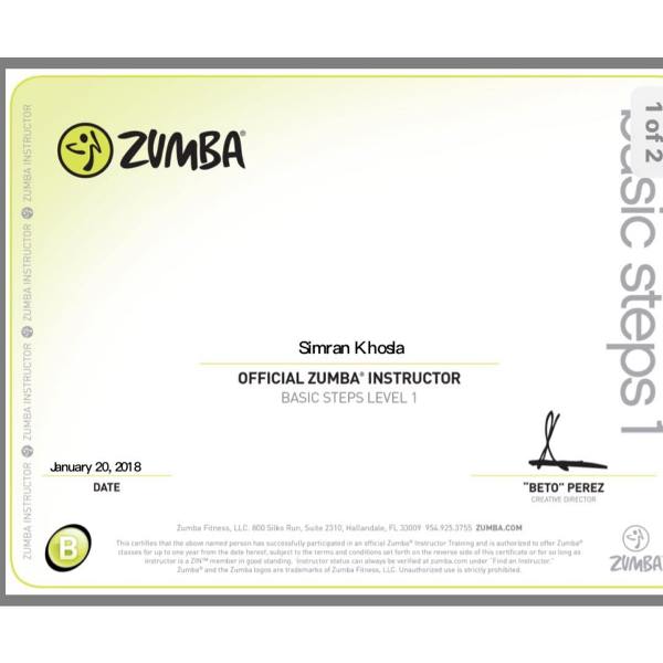 Simran Khosla's Zumba instructor certification