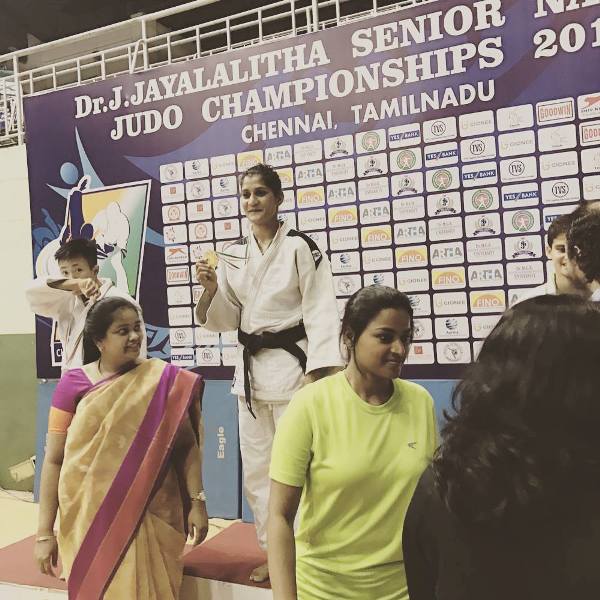 Suchika Tariyal (second from left) on the podium after winning gold in the Senior National Judo Championship, Chennai