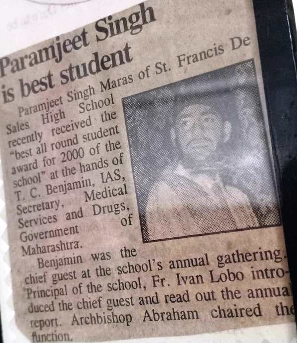 A newspaper cutout on Paramjeet's achievement