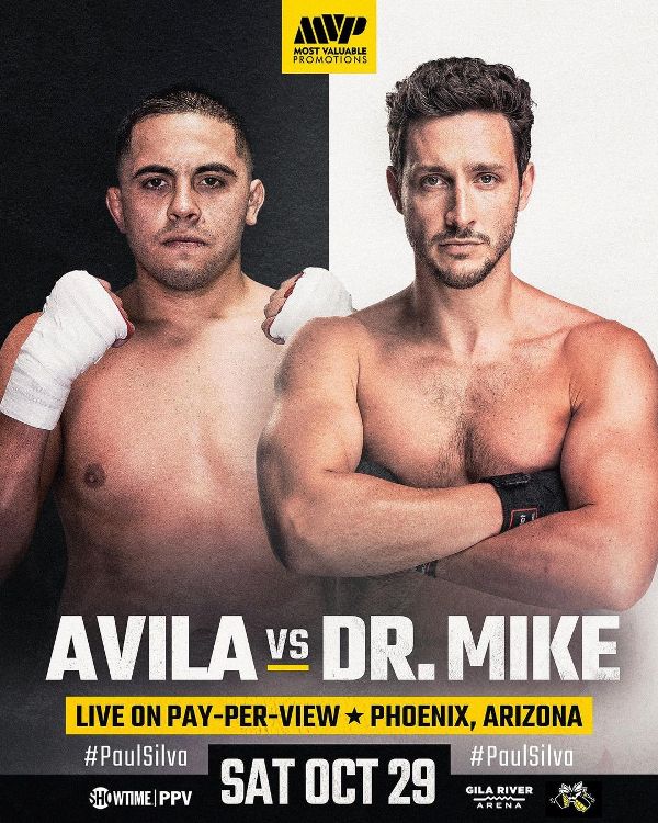 A poster of Dr Mike's boxing match against Avila
