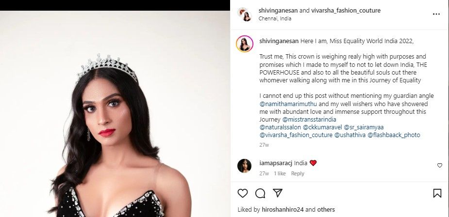 An Instagram post shared by Shivin Ganesan after winning the title of Miss Equality World India 2022