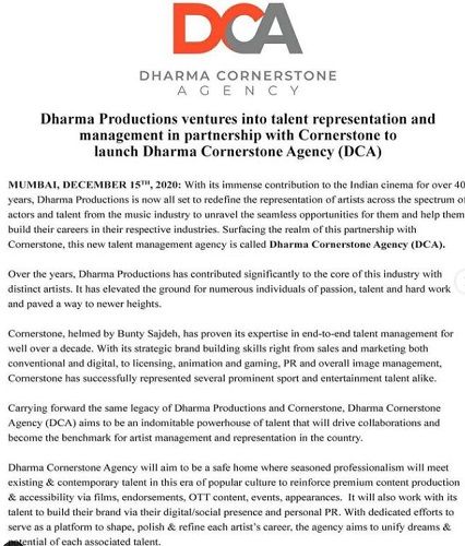 Dharma Cornerstone Agency- Started by Bunty Sajdeh and Karan Johar