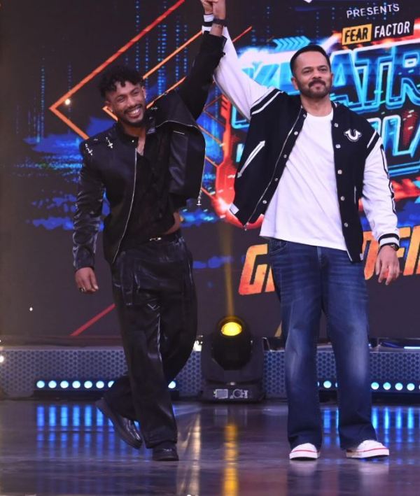 Dino James, along with Rohit Shetty, after being announced as the winner of the show 'Khatron Ke Khiladi Season 13' (2023)