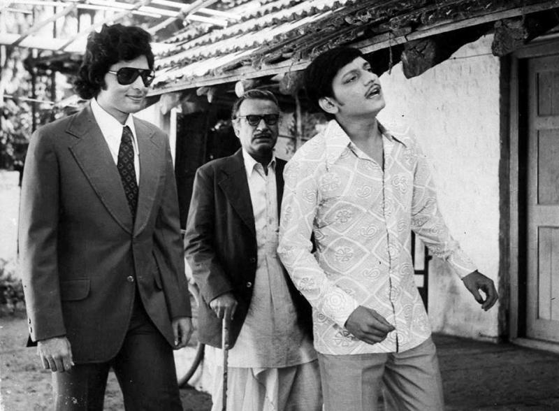 From left - Vijayendra Ghatge, A. K. Hangal, and Amol Palekar in a still from the film 'Chitchor' (1976)