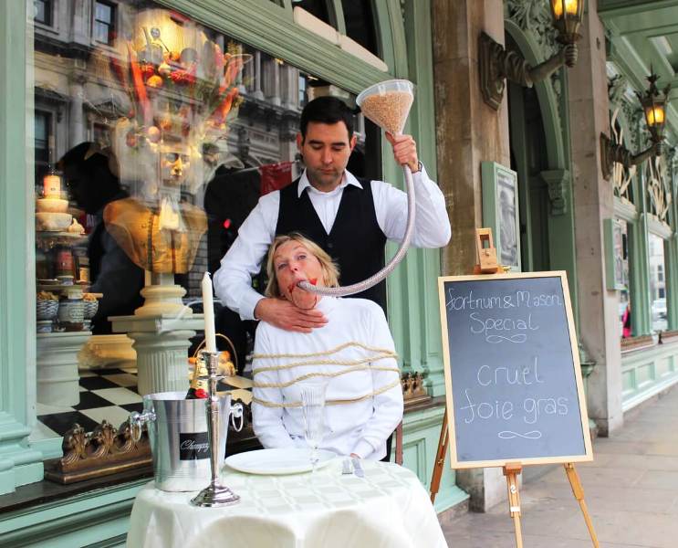 Ingrid Newkirk demonstrating force feeding outside the entrance of the Queen’s grocer to protest the production of Fortnum & Mason’s foie gras