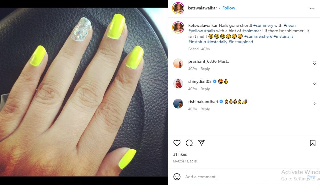 Ketaki Walawalkar's Instagram post about getting nail spa and neon nail art