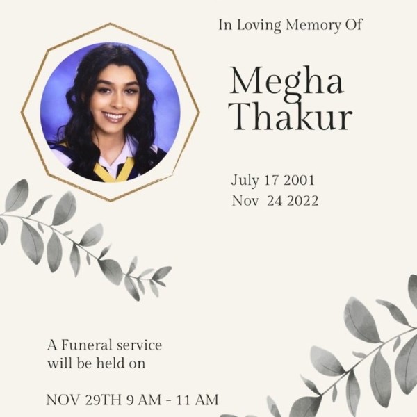 Megha Thakur's death and funeral announcement made by her parents on Instagram