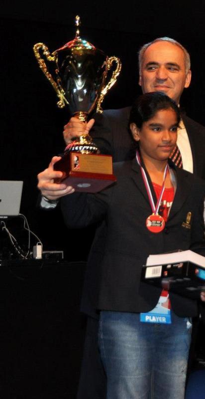 Priyanka Nutakki with the trophy after winning under-10 category in World Youth Chess Championship 2012