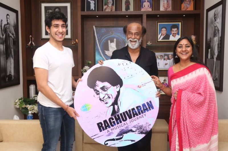 Rohini Molleti with her son Rishi Varan (left) and actor, Rajinikanth (middle) during the release of her husband, Raghuvaran Moletti's music album, 