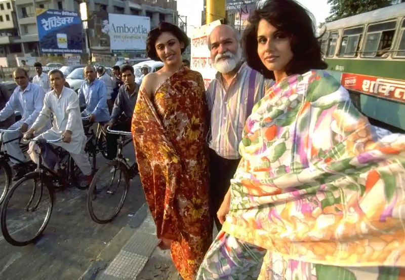 Satya Paul with models flaunting his designer label saris in 1995