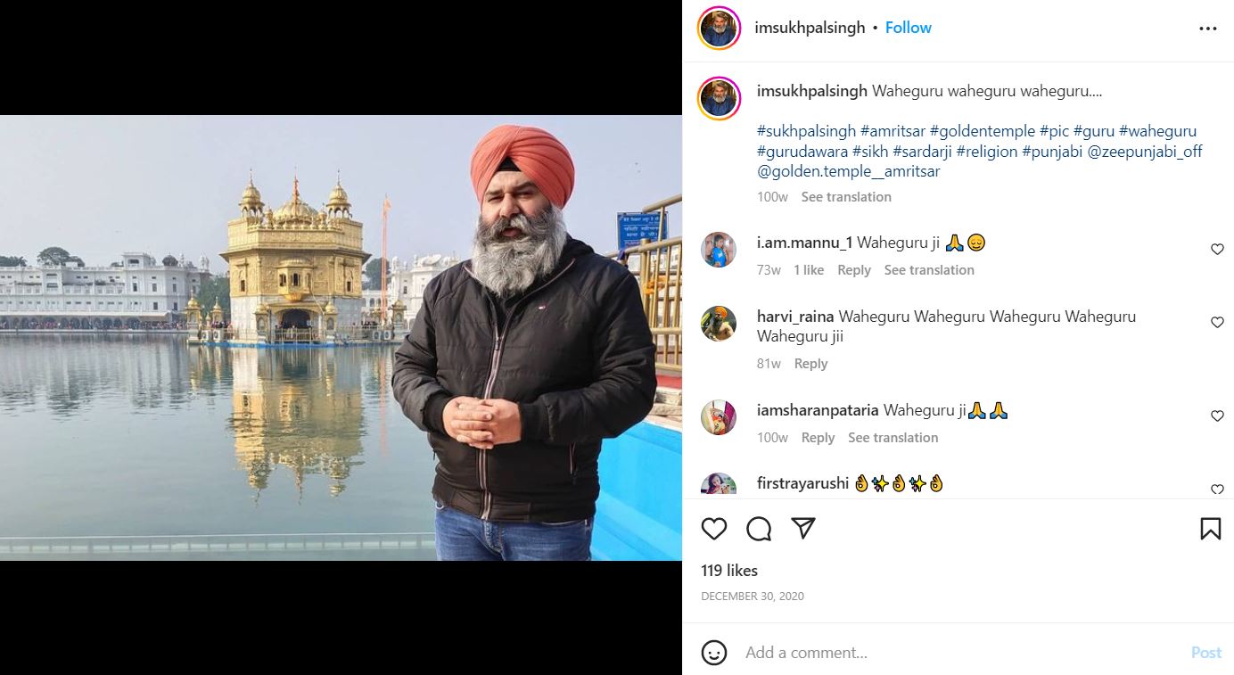 Sukhpal Singh Instagram post showcasing that he follows Sikhism