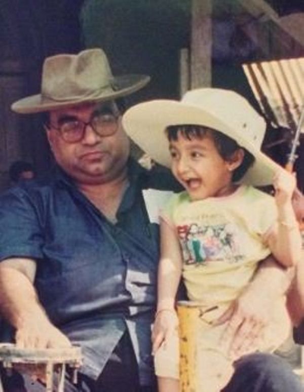 A childhood photograph of Tanisha Santoshi with her father