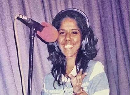 A photo of Mahalakshmi Iyer taken while recording a jingle