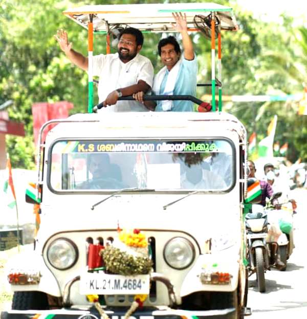A picture of Anil Antony (right) during 2021 Kerala Legislative Assembly elections