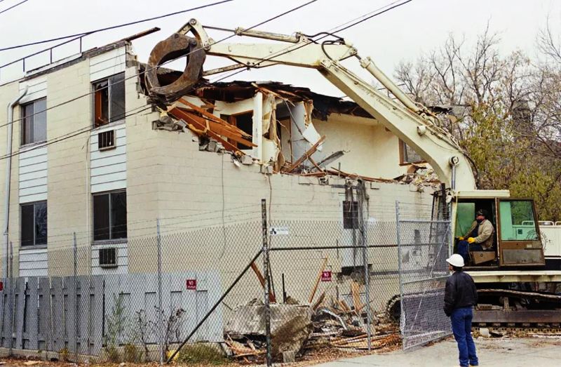 A picture showcasing the demolition of the Oxford Apartments, 924 N. 25th Street, Milwaukee, Wisconsin, US, where Jeffrey Dahmer lived and committed many of his murders