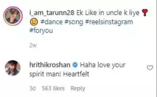 A snip of Hrithik Roshan's comment on Tarun Namdev's Instagram reel