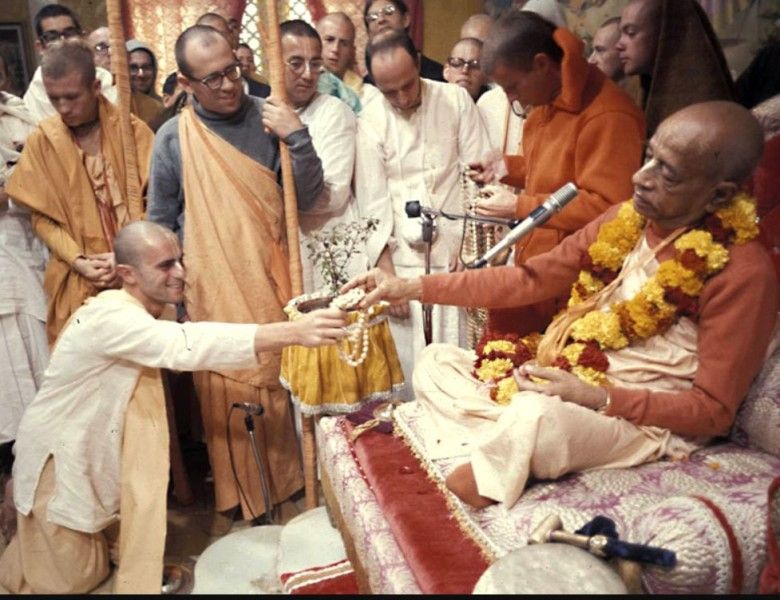A. C. Bhaktivedanta Swami Prabhupada during an initiation ceremony