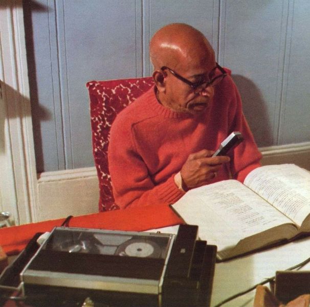 A. C. Bhaktivedanta Swami Prabhupada translating the Hindu scripture books from Sanskrit into English