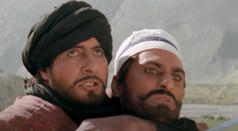 Amitabh Bachchan as Badshah Khan and Ali Khan as Habibulah in a still from the Bollywood film Khuda Gawah (1992)