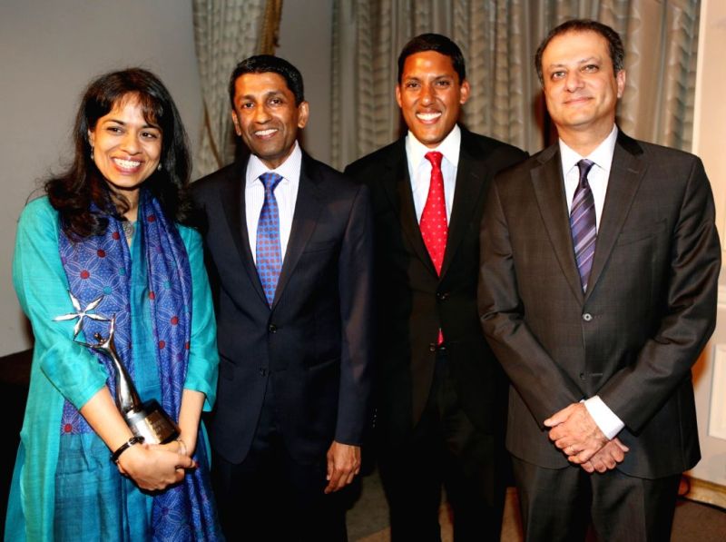 From left to right, Amrit Singh (posing with her India Abroad Special Award for Excellence 2012), Sri Srinivasan (United States Circuit Judge of the United States Court of Appeals for the District of Columbia Circuit), Raj Shah (India Abroad Person of the Year 2012), and Preet Bhara (US Aid Administrator)