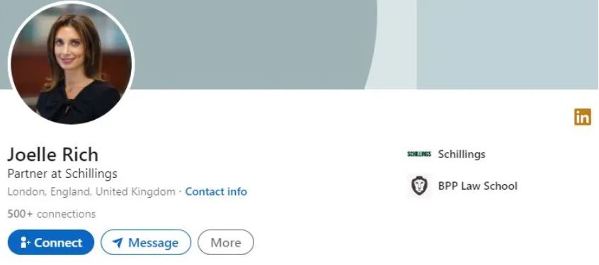 An old snippet of Joelle Rich's LinkedIn profile showcasing that she attended University of Birmingham and BPP Law School
