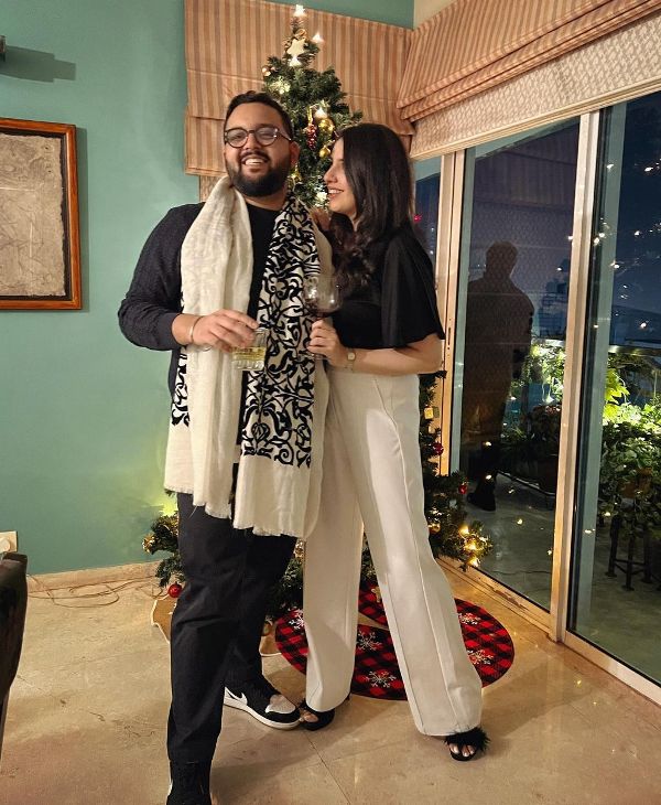 Anahita Dhondy enjoying wine with her husband on New Year's Eve