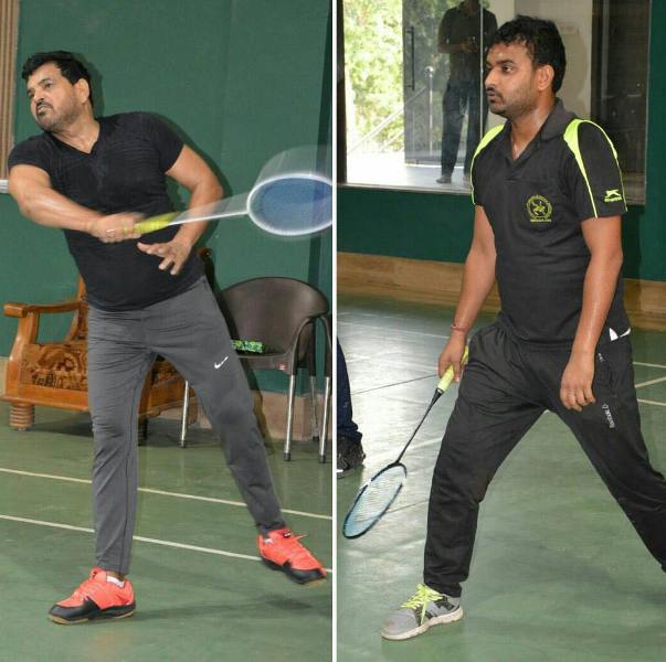Brij Bhushan Sharan Singh (left) while playing Badminton