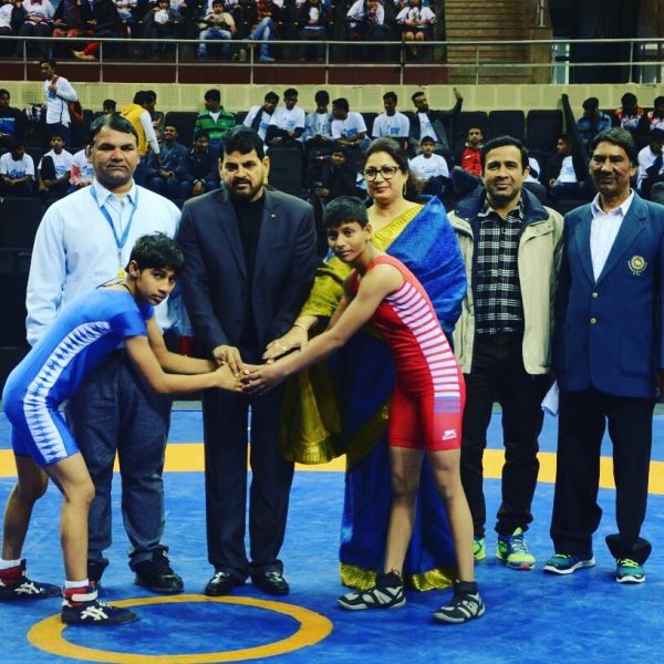 Brij Bhushan inaugurating the 14-16 years old Cadet Wrestling championship, Khelo India Youth Games, under the aegis of the Ministry of Sports and Youth Affairs, Government of India, at Indira Gandhi Stadium in 2017