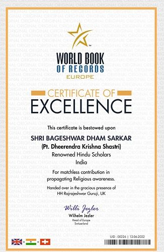 Dhirendra Krishna Shastri's certificate of World Book of Records, Europe