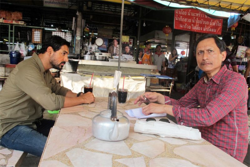 Dibang (as ex-RAW agent), along with John Abraham (as Lieutenant Major Vikram Singh), in the film 'Madras Cafe' (2013)
