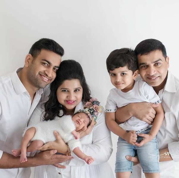 From left, Dil Raju's son-in-law,Archith Reddy, daughter, Harshitha Reddy, his grandson , and Dil Raju
