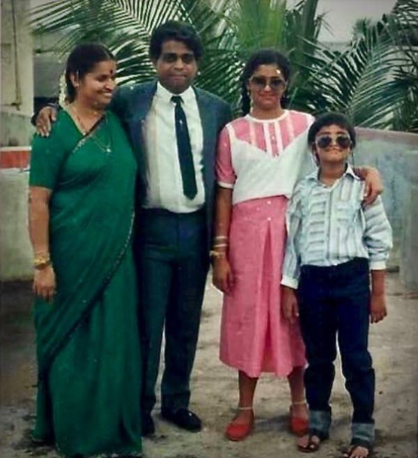 Childhood picture of Pavitra Lokesh with her mother, father (second from left), and younger brother