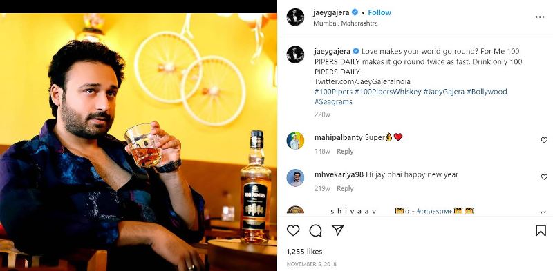 Jaey Gajera's Instagram post about promoting the liquor brand '100 Pipers'