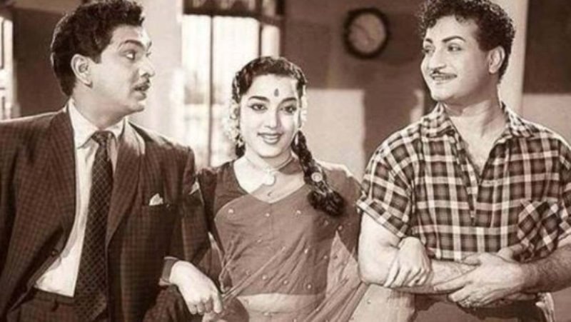 Jamuna with ANR (left) and NTR (right) in a still from a film
