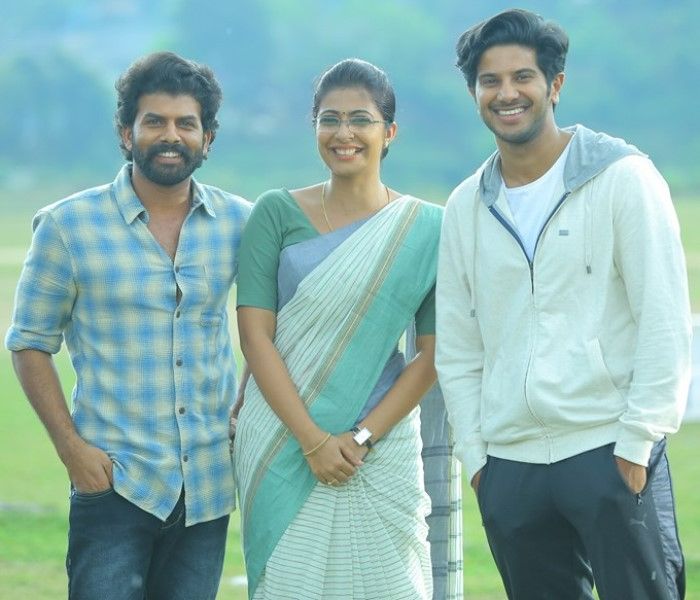 Leona Lishoy with Sunny Wayne (left) and Dulquer Salmaan (right) at the location of Annmariya Kalippilannu