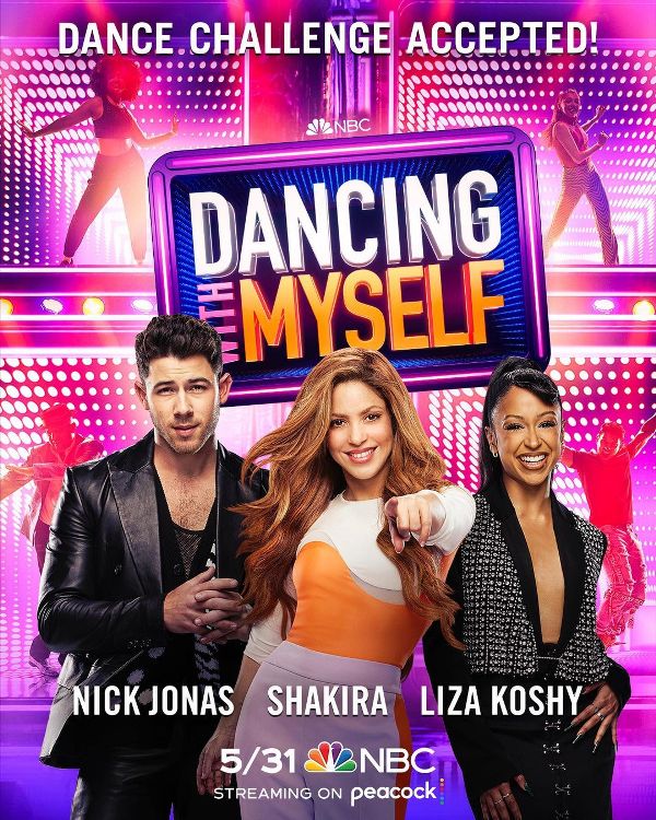 Liza Koshy, Nick Jonas, and Shakira on the poster of the TV show Dancing with Myself (2022)