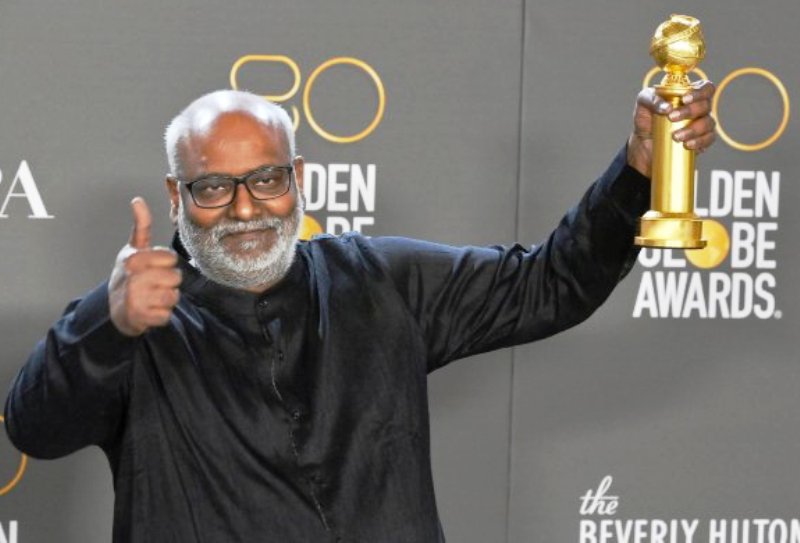 M. M. Keeravani posing with his Golden Globe Award on 10 January 2023
