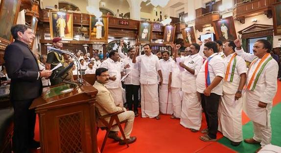 MLAs of DMK and its allies raising slogans against R. N. Ravi, the Governor of Tamil Nadu, in the Tamil Nadu Assembly