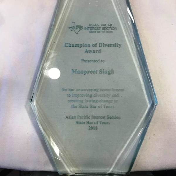 Manpreet Singh's Texas Diversity Champion Award
