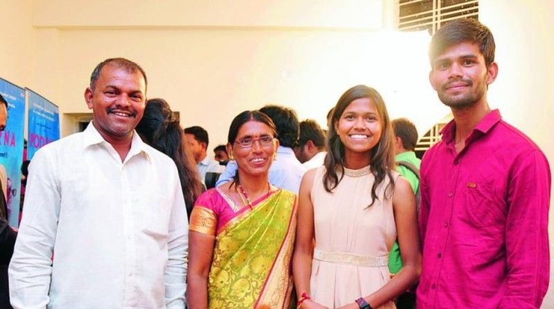 Poorna's father Devadas Malavath, Poorna's mother Lakshmi Malavath, Poorna Malavath, and Poorna's brother Naresh Malavath (left to right)