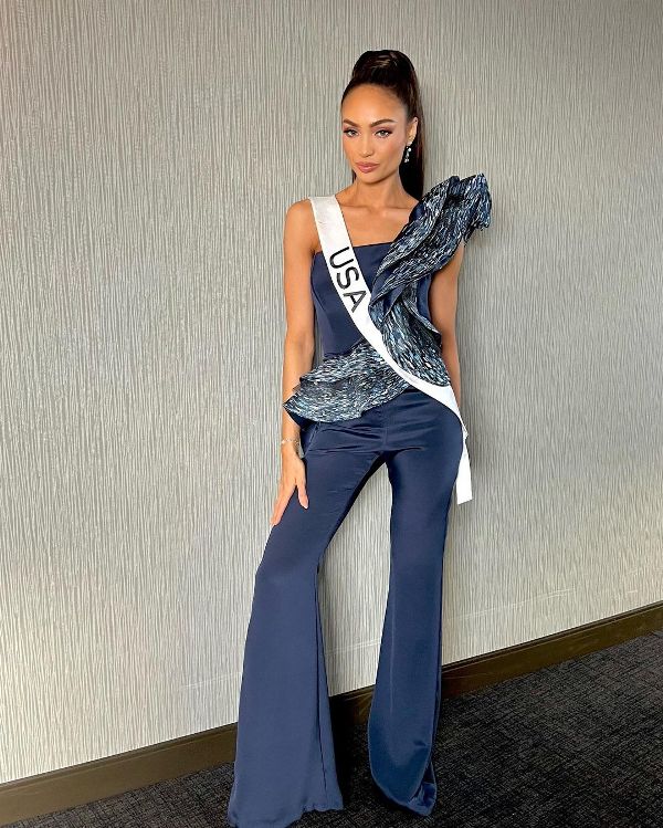R'Bonney Gabriel wearing the self-designed outfit for the preliminary interview round at Miss Universe 2022 competition