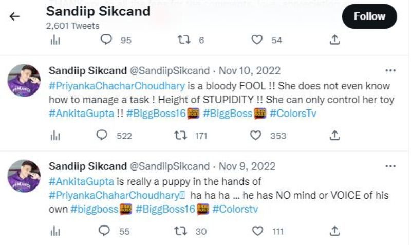 Sandiip Sikcand's reviews on Bigg Boss's contestants on his Twitter account