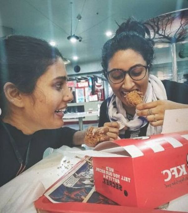 Sharanya Pradeep (left) eating non-veg at KFC