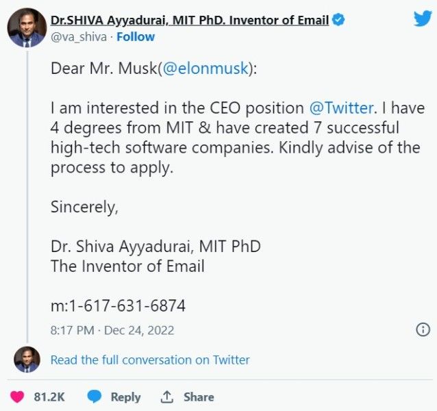 Shiva Ayyadurai's tweet in reply to Elon Musk's tweet