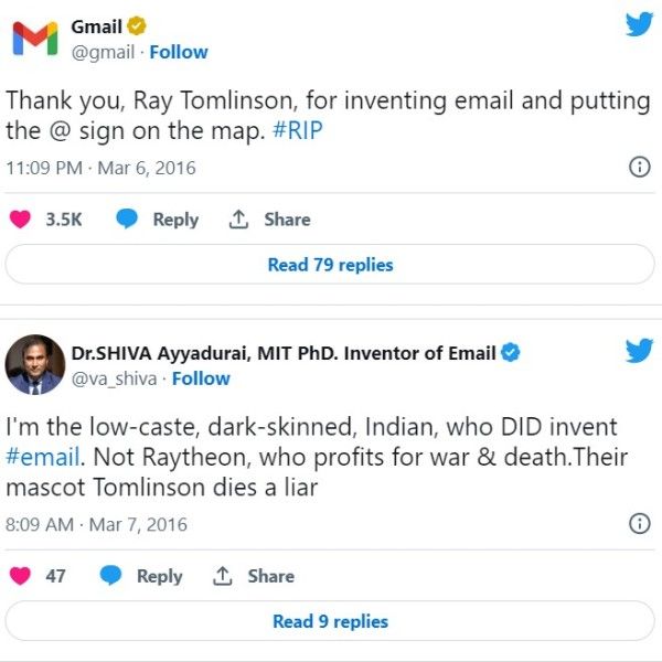 Shiva Ayyadurai's tweet in reply to Gmail's tweet