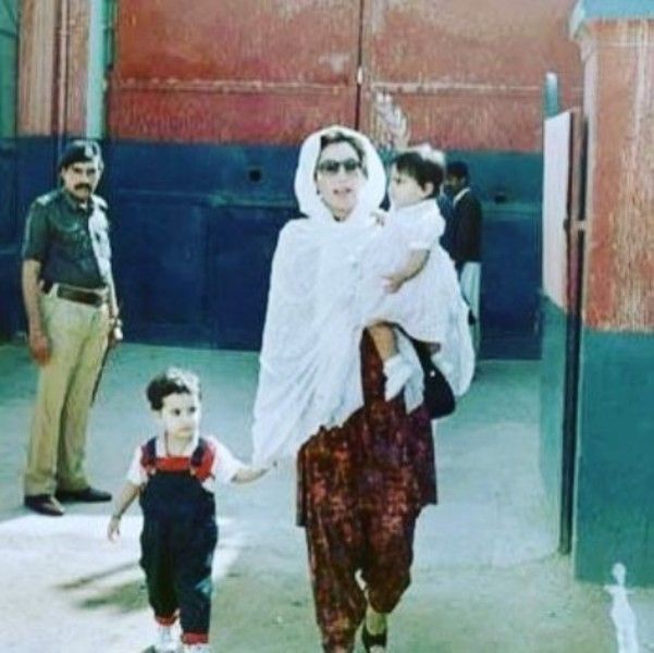 A childhood image of Bilawal Bhutto (left) with his mother and sister while visiting the Karachi jail